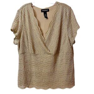 Lane Bryant Shimmery Gold Crochet Scallop Lace Top, Surplice V-Neck, size 14/16